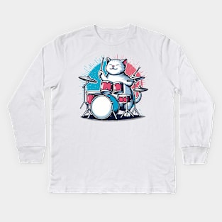 Drummer Cat Music Lover Musician Playing The Drums Kids Long Sleeve T-Shirt